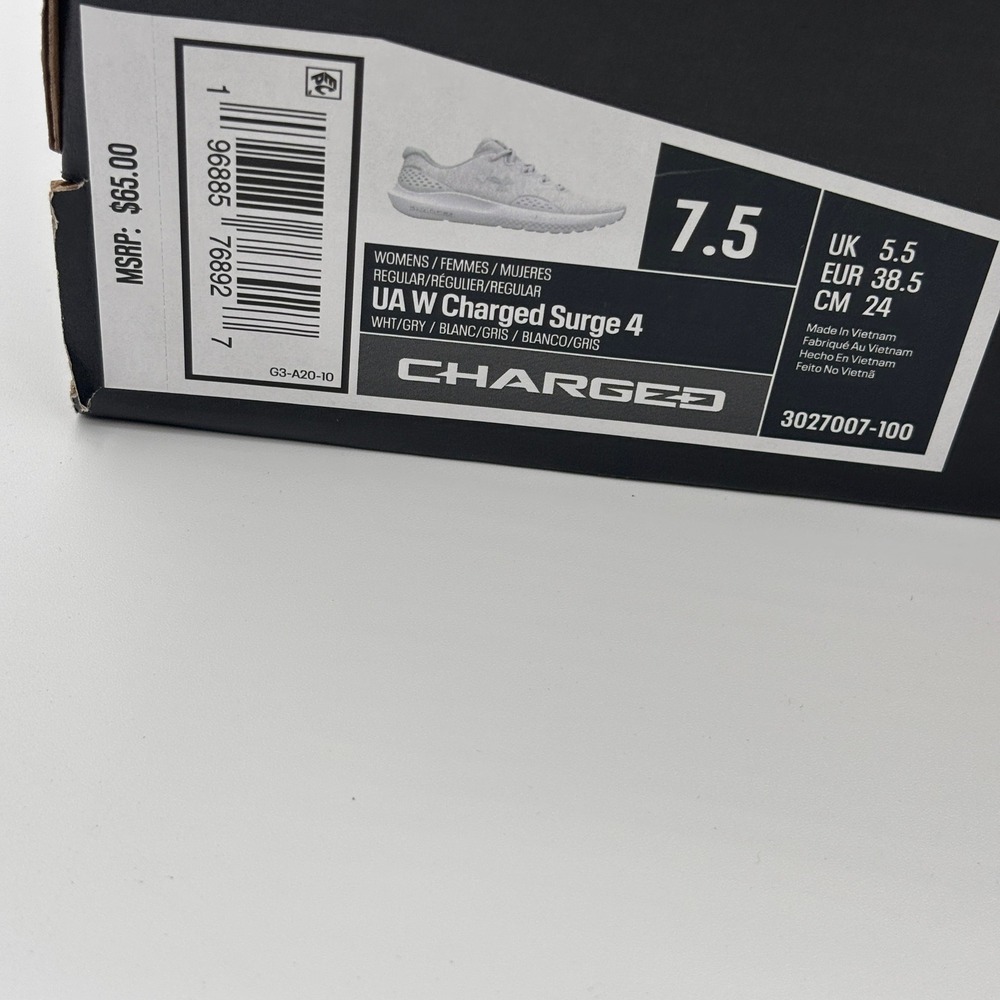 Under Armour Charged Surge 4 Shoes Women Size 7.5 White Grey Running 3027007-100 - Picture 2 of 8